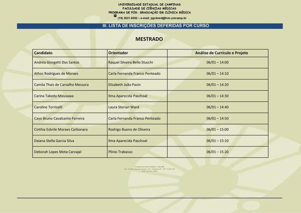 14:30 Caroline Torricelli Laura Sterian Ward 06/01 14:40 Cayo Bruno Cavalcante Ferreira Carla Fernanda Franco Penteado 06/01 14:50 Cinthia Esbrile Moraes