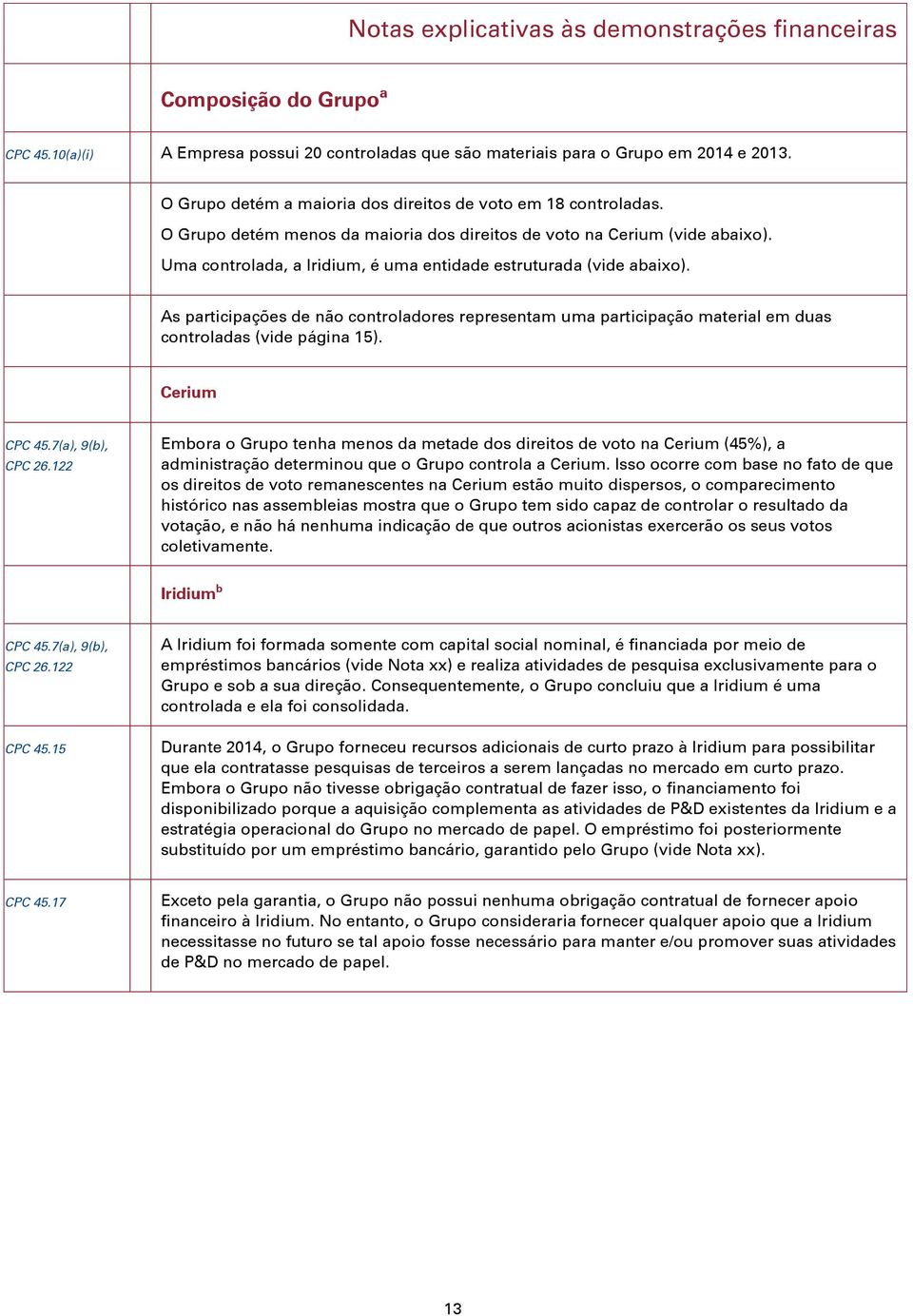 Uma controlada, a Iridium, é uma entidade estruturada (vide abaixo). As participações de não controladores representam uma participação material em duas controladas (vide página 15). Cerium CPC 45.