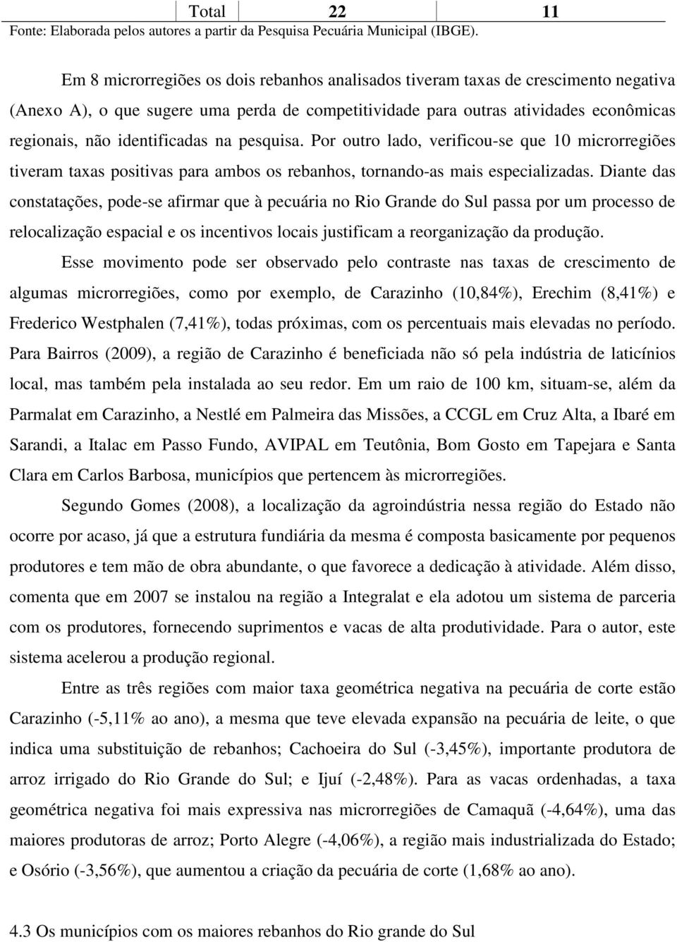 identificadas na pesquisa. Por outro lado, verificou-se que 10 microrregiões tiveram taxas positivas para ambos os rebanhos, tornando-as mais especializadas.