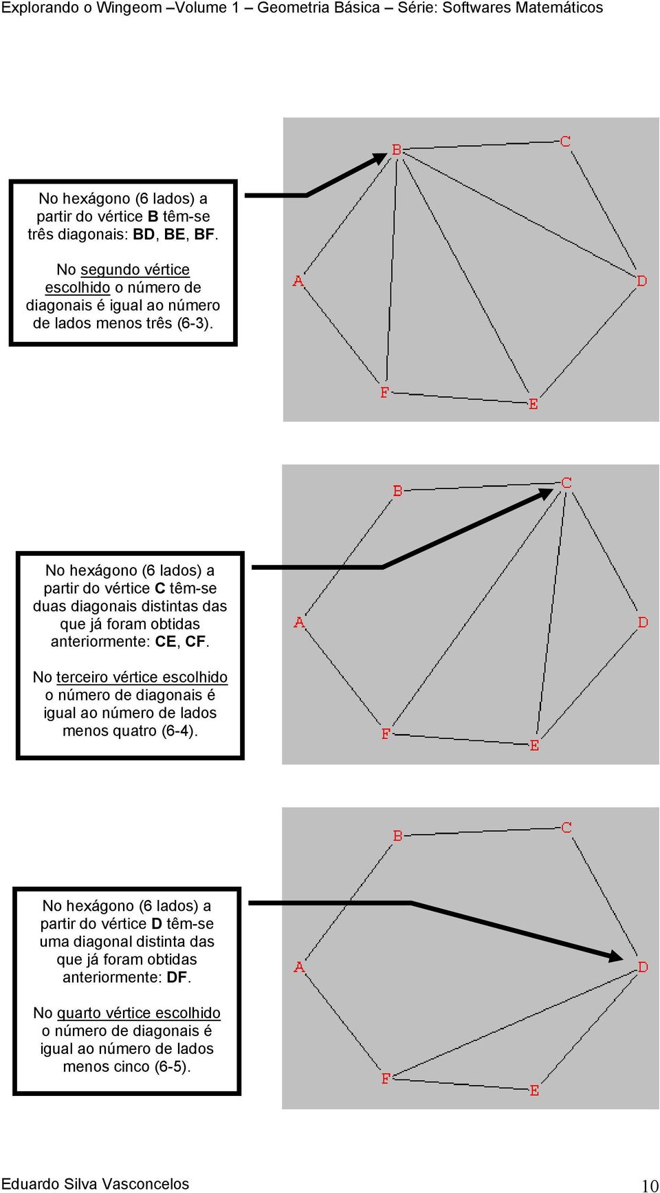 No hexágono (6 lados) a partir do vértice C têm-se duas diagonais distintas das que já foram obtidas anteriormente: CE, CF.