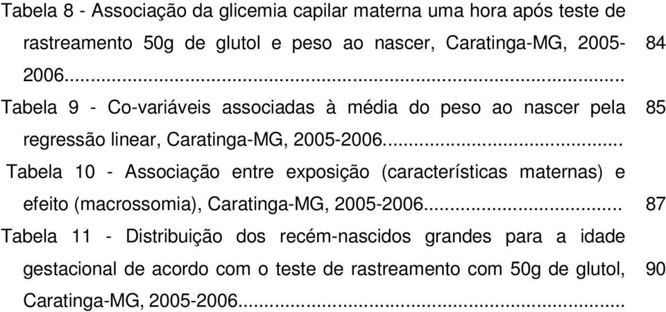 .. Tabela 10 - Associação entre exposição (características maternas) e efeito (macrossomia), Caratinga-MG, 2005-2006.