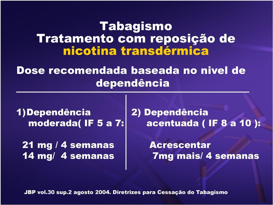 semanas 14 mg/ 4 semanas 2) Dependência acentuada ( IF 8 a 10 ): Acrescentar
