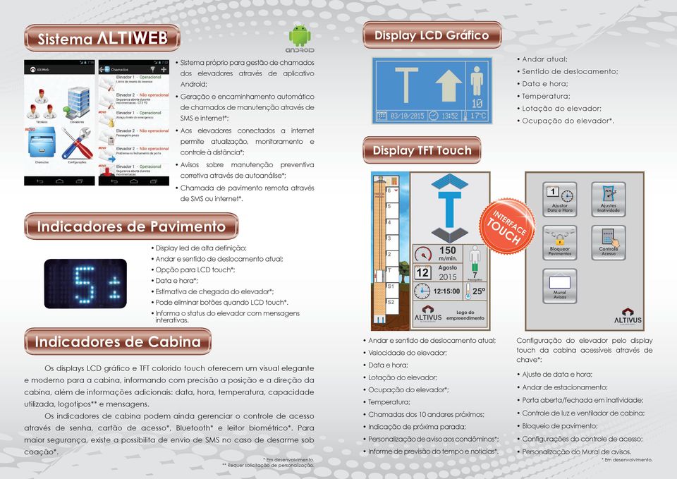 remota através de SMS ou internet*. Display TFT Touch Andar atual; Sentido de deslocamento; Data e hora; Temperatura; Lotação do elevador; Ocupação do elevador*.