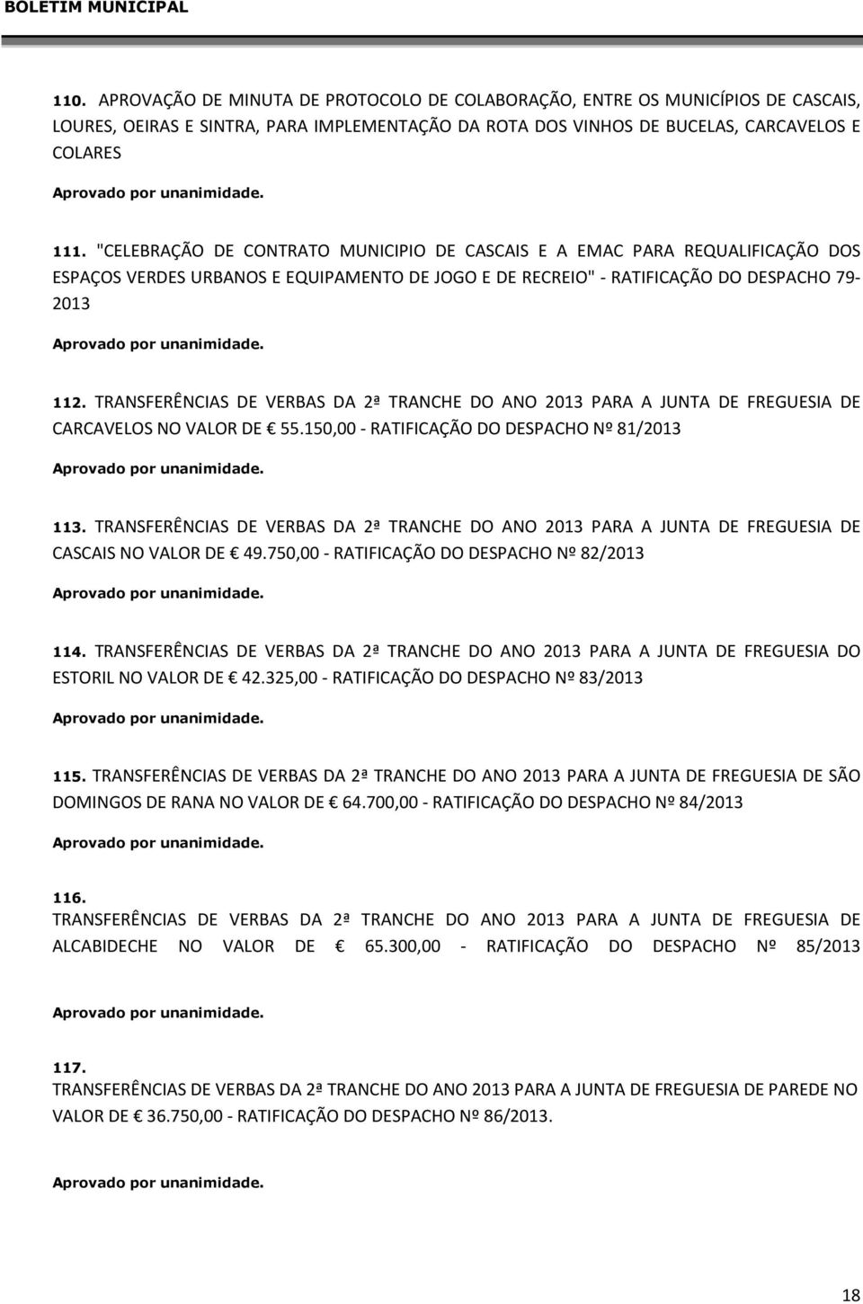 TRANSFERÊNCIAS DE VERBAS DA 2ª TRANCHE DO ANO 2013 PARA A JUNTA DE FREGUESIA DE CARCAVELOS NO VALOR DE 55.150,00 - RATIFICAÇÃO DO DESPACHO Nº 81/2013 113.