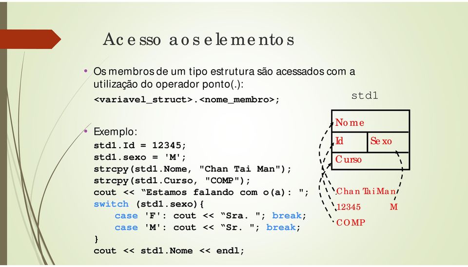 nome, "Chan Tai Man"); strcpy(std1.curso, "COMP"); cout << Estamos falando com o(a): "; switch (std1.