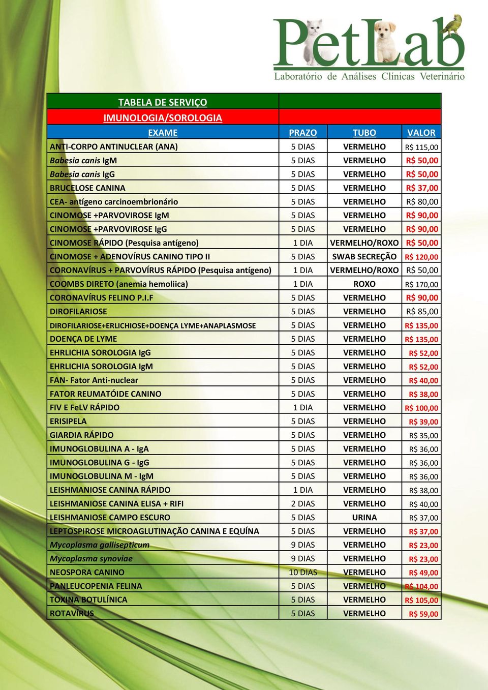 antígeno) 1 DIA VERMELHO/ROXO R$ 50,00 CINOMOSE + ADENOVÍRUS CANINO TIPO II 5 DIAS SWAB SECREÇÃO R$ 120,00 CORONAVÍRUS + PARVOVÍRUS RÁPIDO (Pesquisa antígeno) 1 DIA VERMELHO/ROXO R$ 50,00 COOMBS