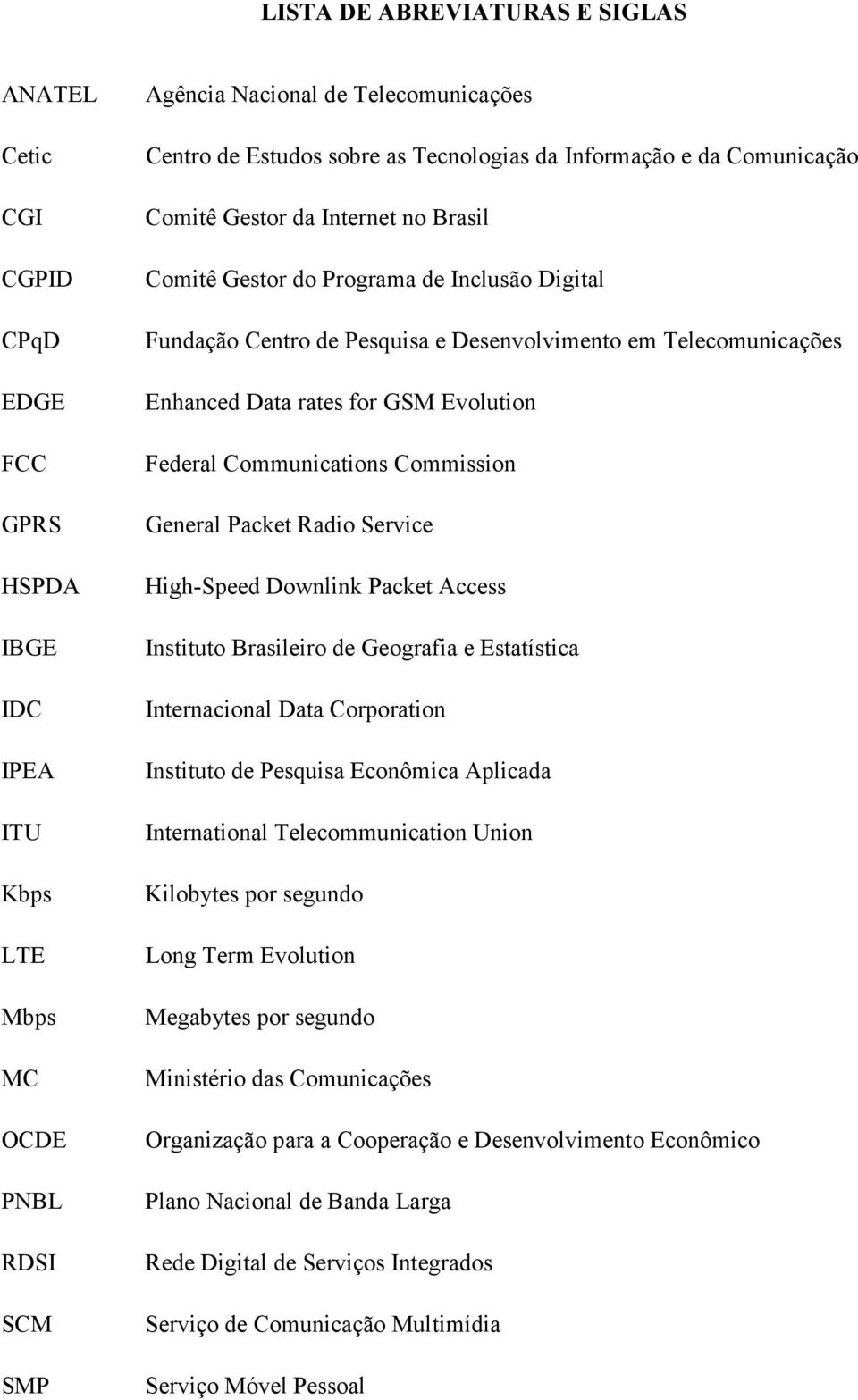 Enhanced Data rates for GSM Evolution Federal Communications Commission General Packet Radio Service High-Speed Downlink Packet Access Instituto Brasileiro de Geografia e Estatística Internacional