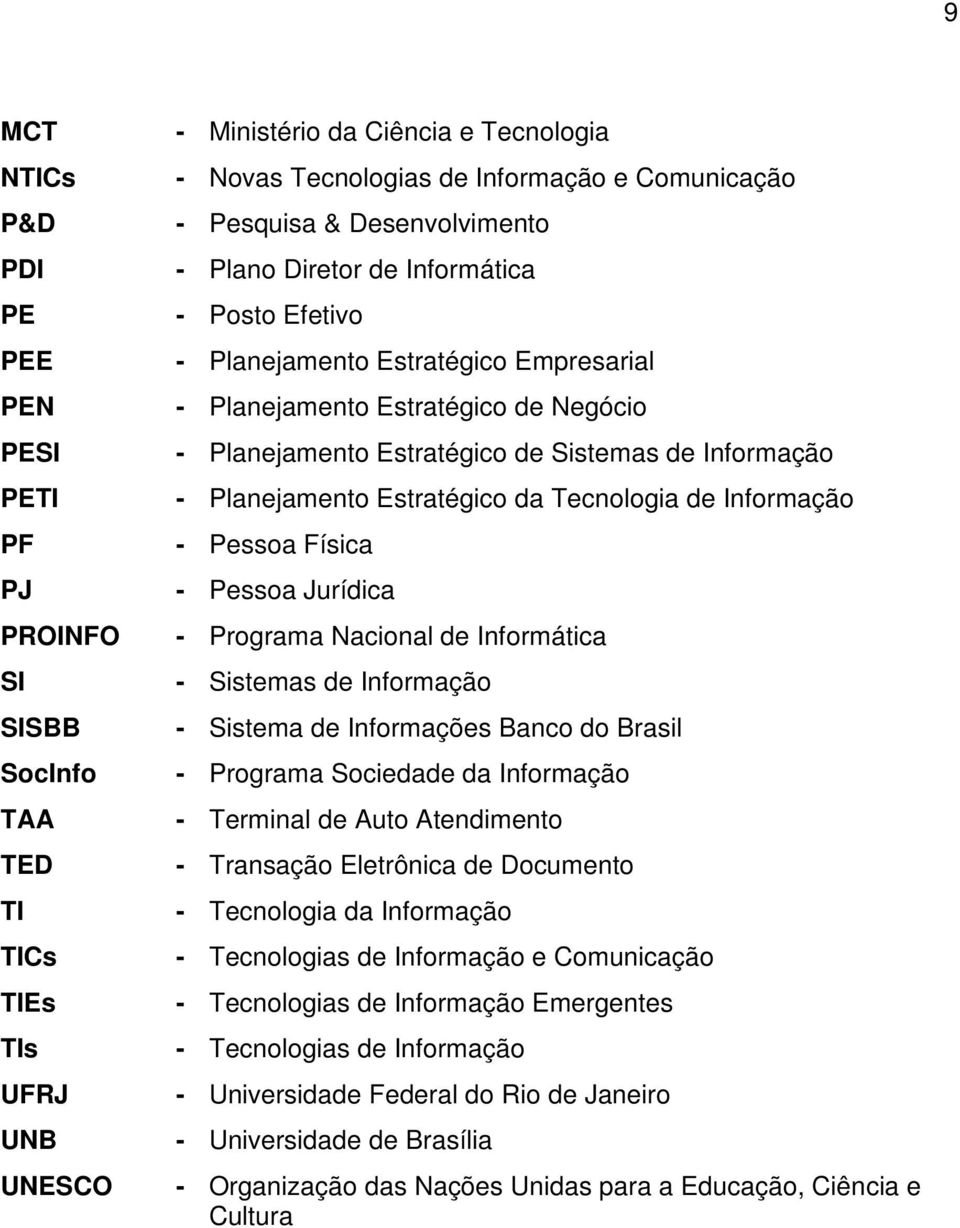 Informação - Planejamento Estratégico da Tecnologia de Informação - Pessoa Física - Pessoa Jurídica - Programa Nacional de Informática - Sistemas de Informação - Sistema de Informações Banco do