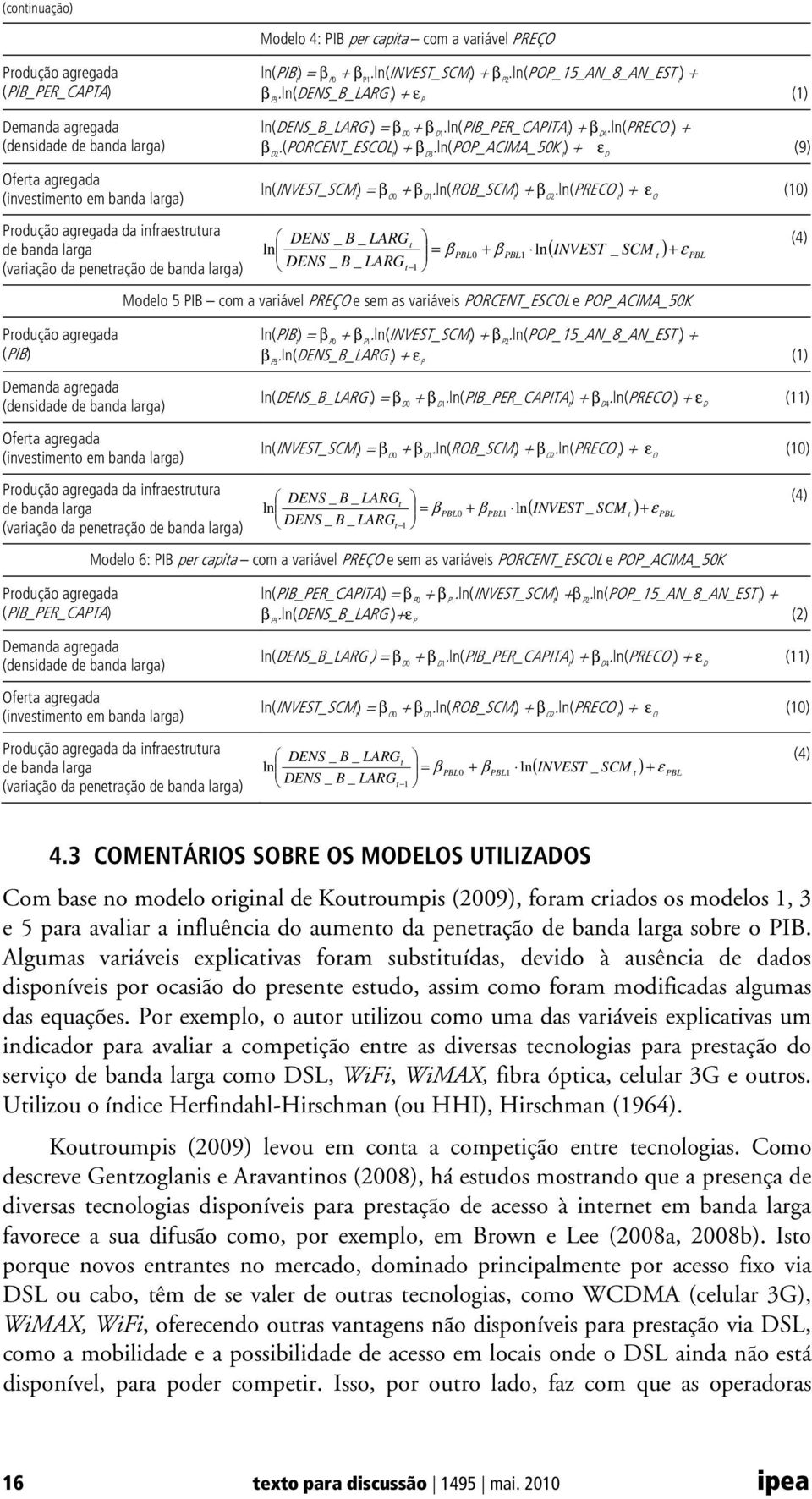 banda larga) Produção agregada (PIB) Demanda agregada (densidade de banda larga) Oferta agregada (investimento em banda larga) ln(dens_b_larg t ) = β D0 + β D1.ln(PIB_PER_CAPITA t ) + β D4.