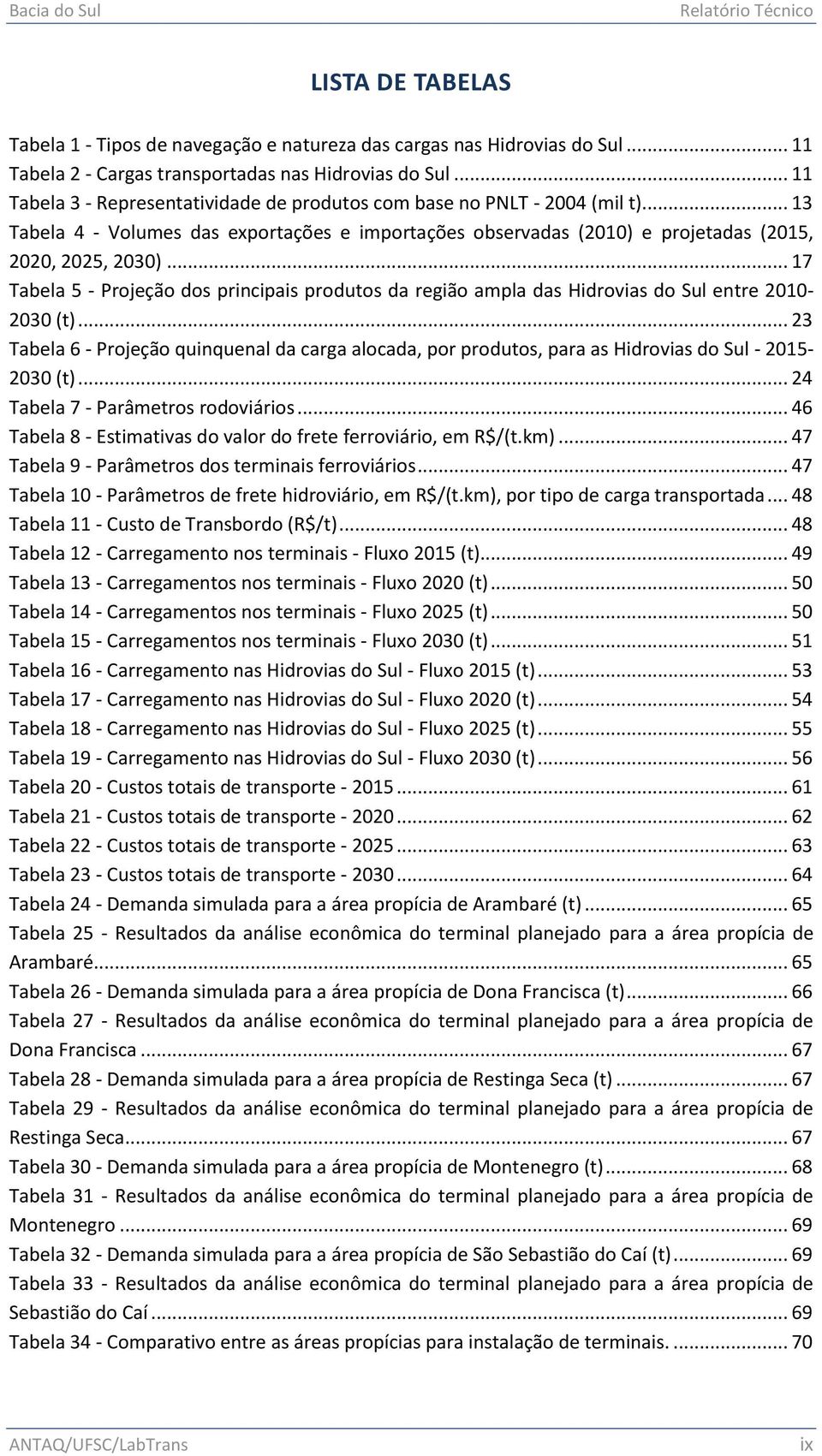 .. 17 Tabela 5 - Projeção dos principais produtos da região ampla das Hidrovias do Sul entre 2010-2030 (t).
