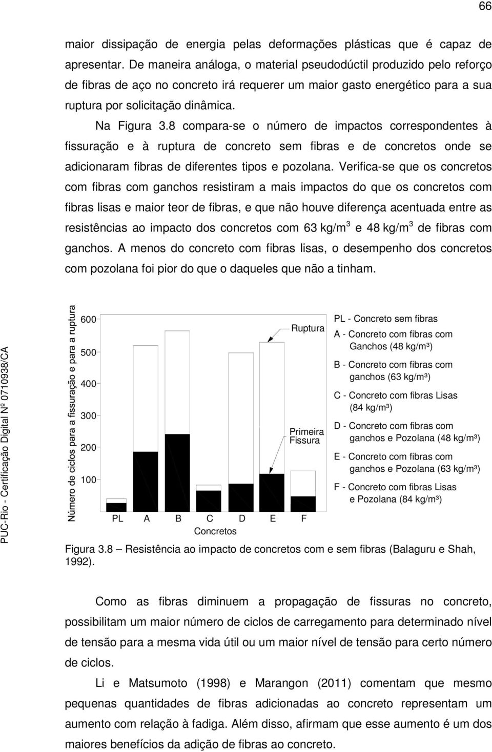 8 compara-se o número de impactos correspondentes à fissuração e à ruptura de concreto sem fibras e de concretos onde se adicionaram fibras de diferentes tipos e pozolana.