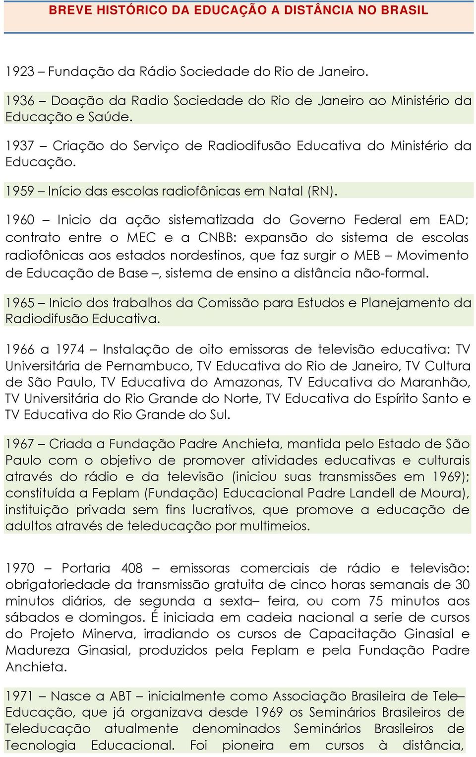 1960 Inicio da ação sistematizada do Governo Federal em EAD; contrato entre o MEC e a CNBB: expansão do sistema de escolas radiofônicas aos estados nordestinos, que faz surgir o MEB Movimento de