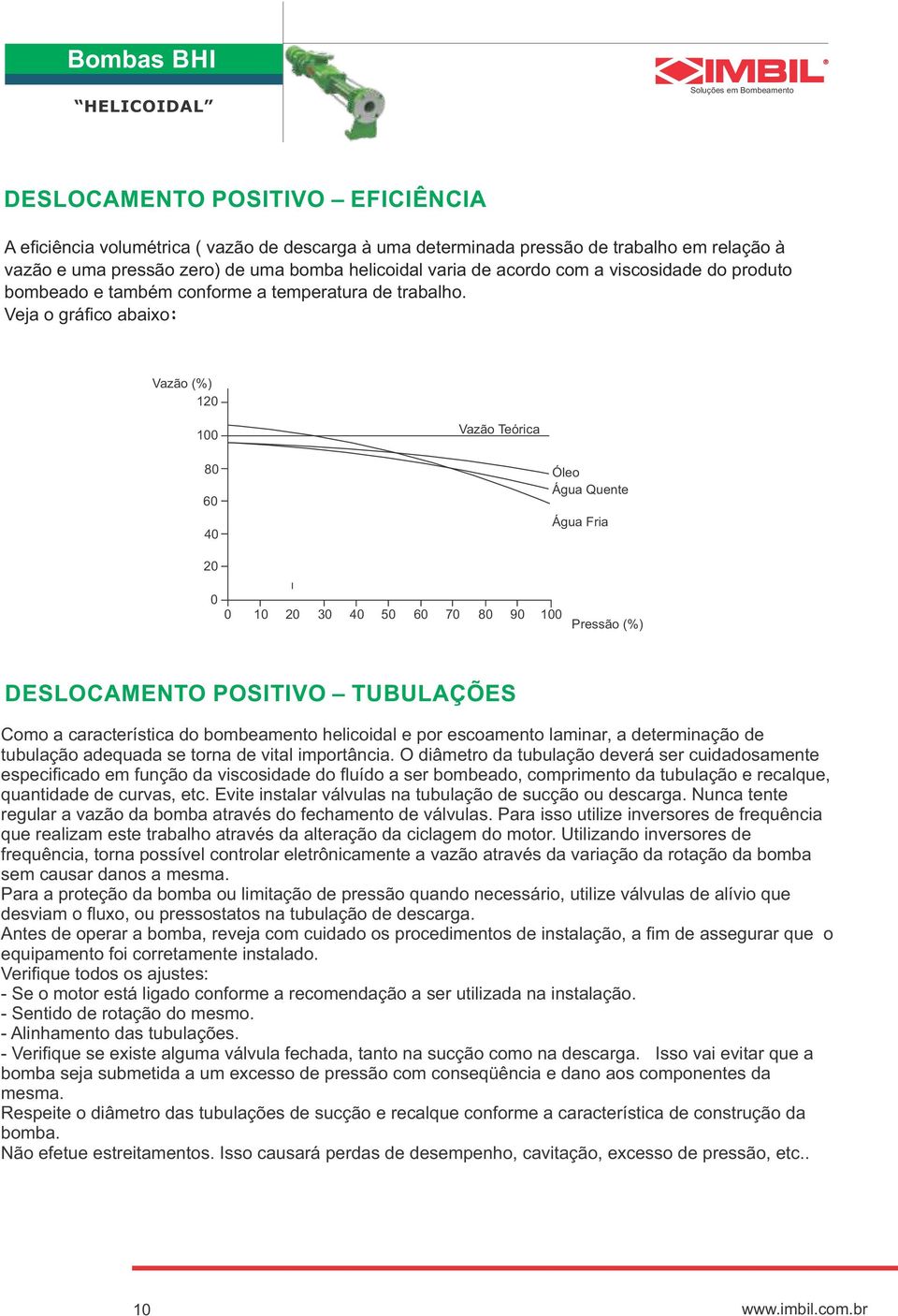 Veja o gráfico abaixo: Vazão (%) 12 1 Vazão Teórica 8 6 4 Óleo Água Quente Água Fria 2 1 2 3 4 5 6 7 8 9 1 Pressão (%) DESLOCAMENTO POSITIVO TUBULAÇÕES Como a característica do bombeamento helicoidal