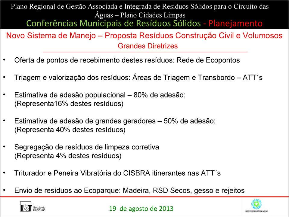 destes resíduos) Estimativa de adesão de grandes geradores 50% de adesão: (Representa 40% destes resíduos) Segregação de resíduos de limpeza corretiva