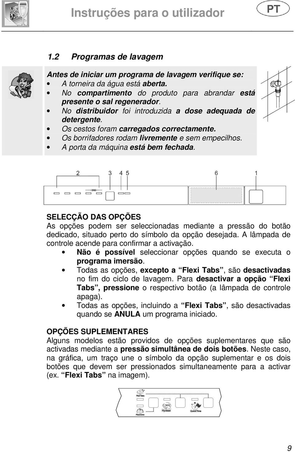 SELECÇÃO DAS OPÇÕES As opções podem ser seleccionadas mediante a pressão do botão dedicado, situado perto do símbolo da opção desejada. A lâmpada de controle acende para confirmar a activação.