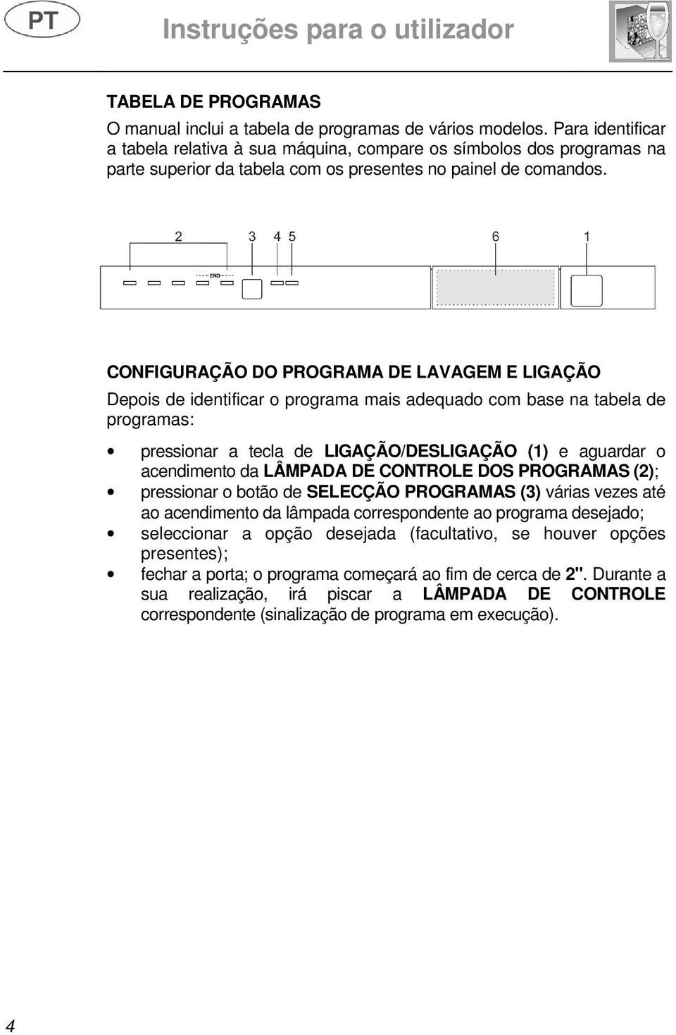 CONFIGURAÇÃO DO PROGRAMA DE LAVAGEM E LIGAÇÃO Depois de identificar o programa mais adequado com base na tabela de programas: pressionar a tecla de LIGAÇÃO/DESLIGAÇÃO (1) e aguardar o acendimento da