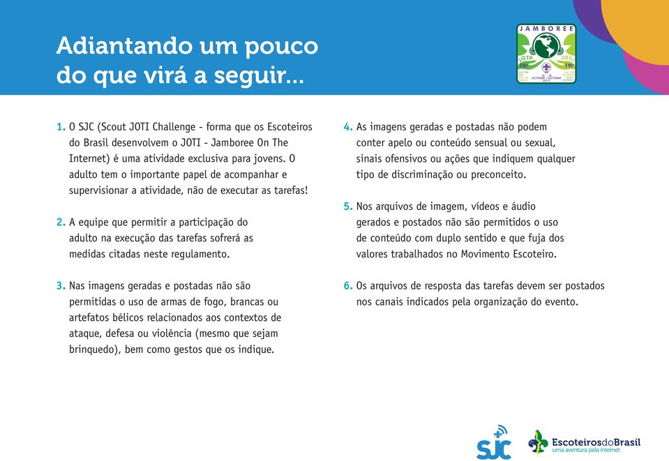 A equipe que permitir a participação do adulto na execução das tarefas sofrerá as medidas citadas neste regulamento. 3.