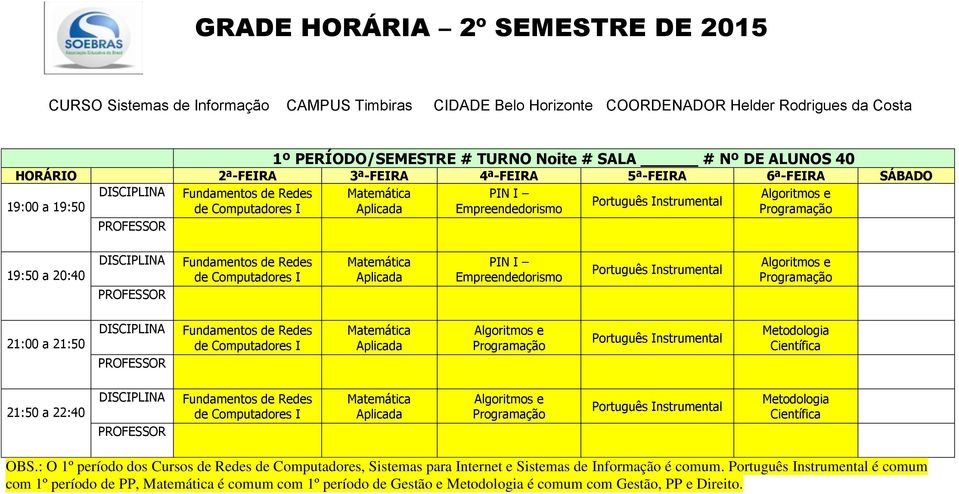 : O 1º período dos Cursos de Redes de, para Internet e de Informação é comum.