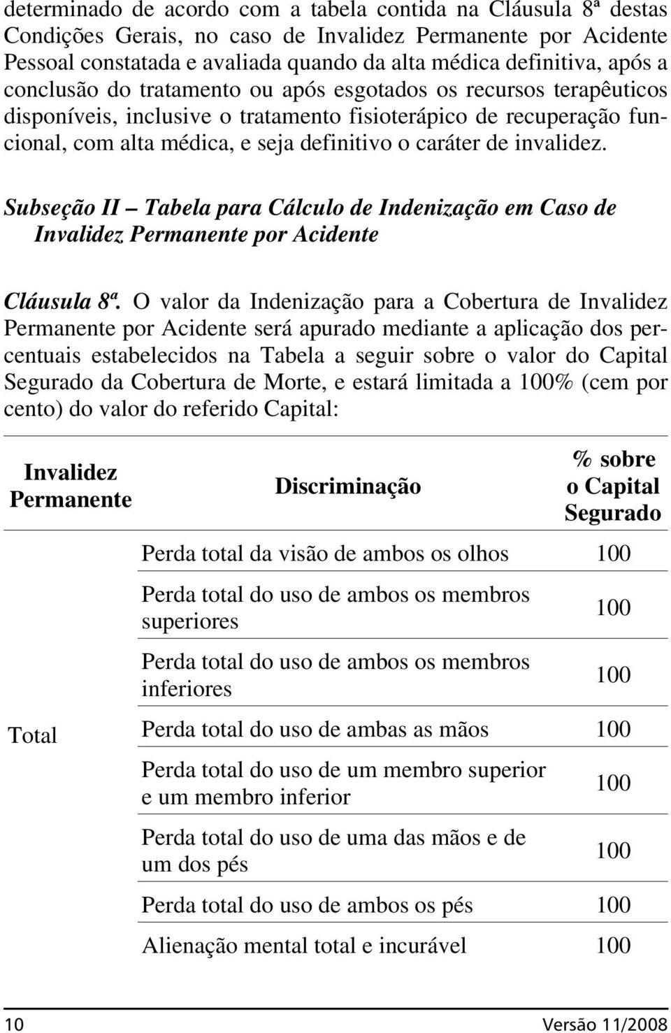 invalidez. Subseção II Tabela para Cálculo de Indenização em Caso de Invalidez Permanente por Acidente Cláusula 8ª.