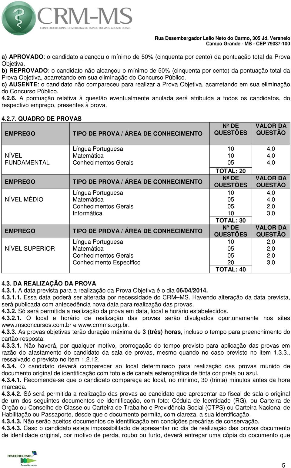 c) AUSENTE: o candidato não compareceu para realizar a Prova Objetiva, acarretando em sua eliminação do Concurso Público. 4.2.6.