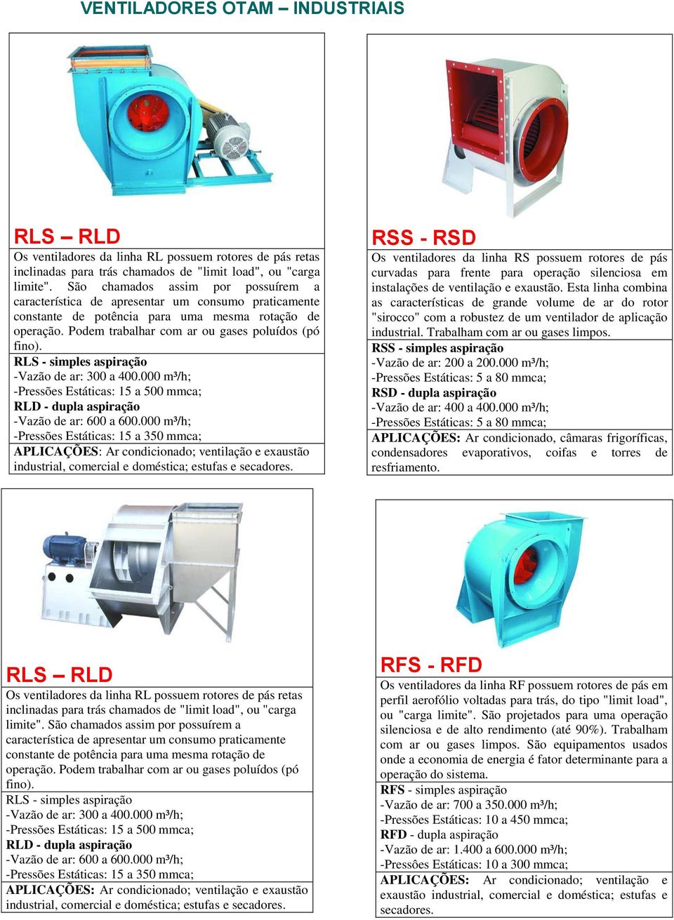 RLS - simples aspiração -Vazão de ar: 300 a 400.000 m³/h; -Pressões Estáticas: 15 a 500 mmca; RLD - dupla aspiração -Vazão de ar: 600 a 600.