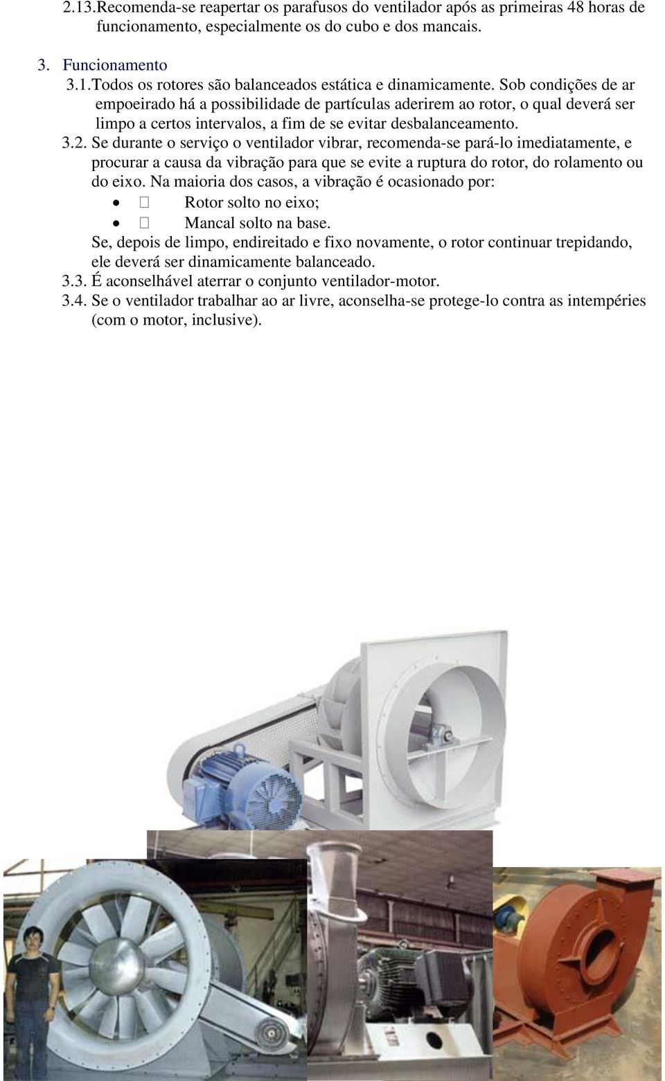 Se durante o serviço o ventilador vibrar, recomenda-se pará-lo imediatamente, e procurar a causa da vibração para que se evite a ruptura do rotor, do rolamento ou do eixo.