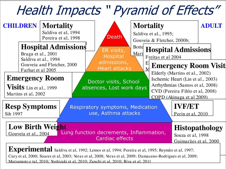 , 1994 Gouveia and Fletcher, 2000 Farhat et al 2005 Death Doctor visits, School absences, Lost work days Respiratory symptoms, Medication use, Asthma attacks Mortality Saldiva et al.