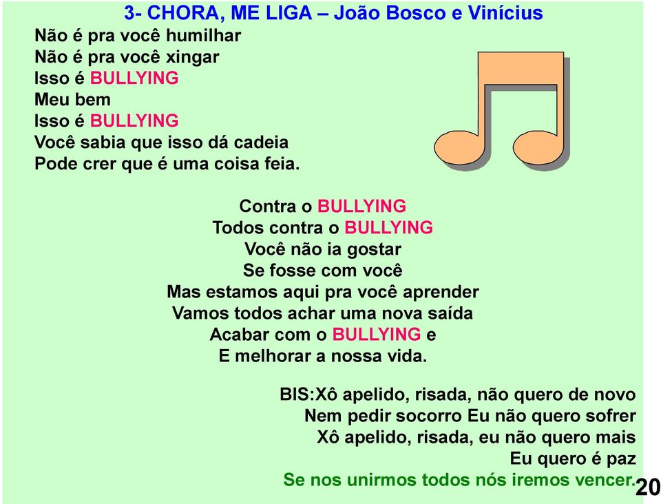 Contra o BULLYING Todos contra o BULLYING Você não ia gostar Se fosse com você Mas estamos aqui pra você aprender Vamos todos achar uma