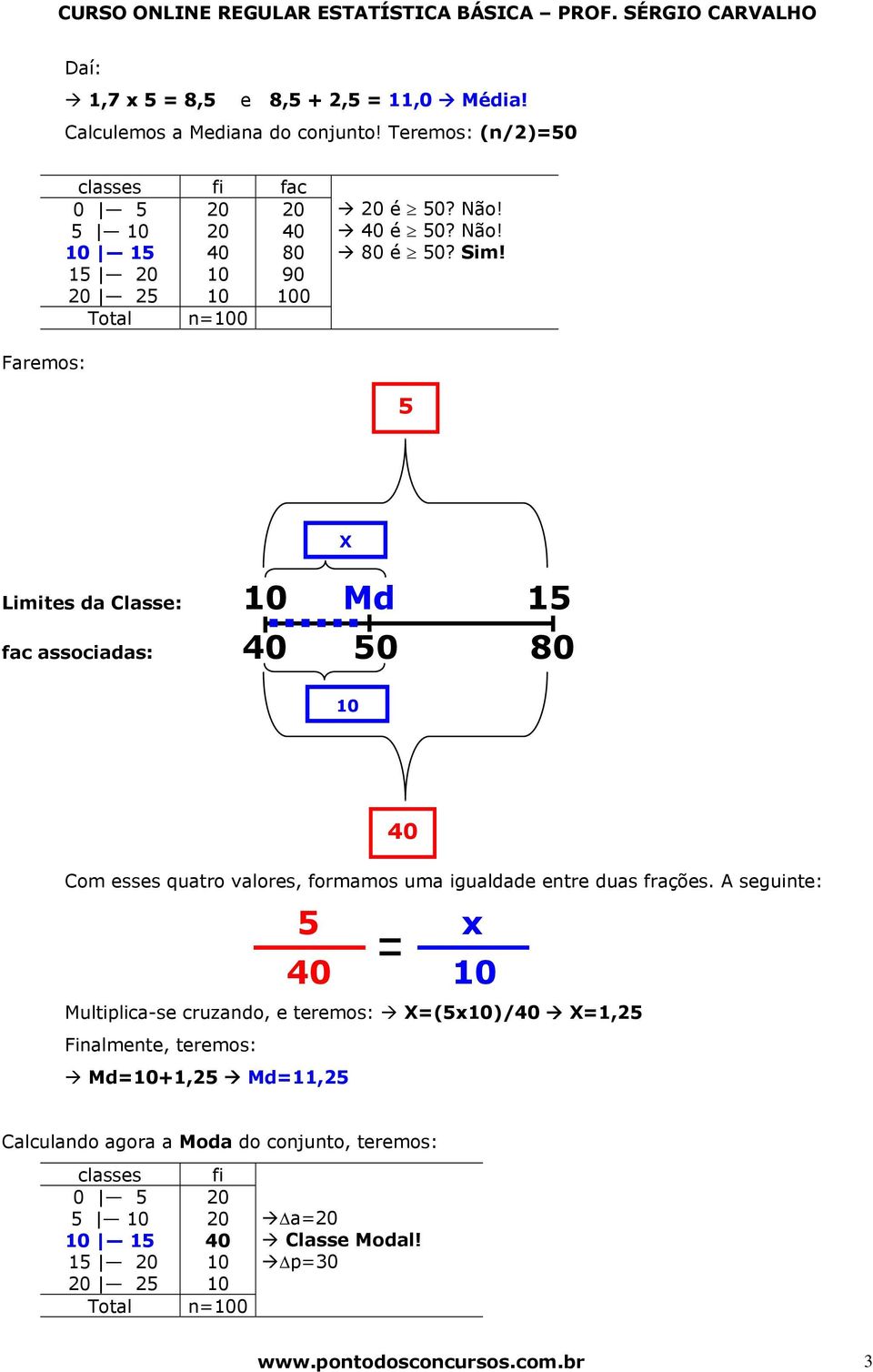 Faremos: 5 Limites da Classe: 10 Md 15 fac associadas: 40 50 80 X 10 40 Com esses quatro valores, formamos uma igualdade etre duas frações.