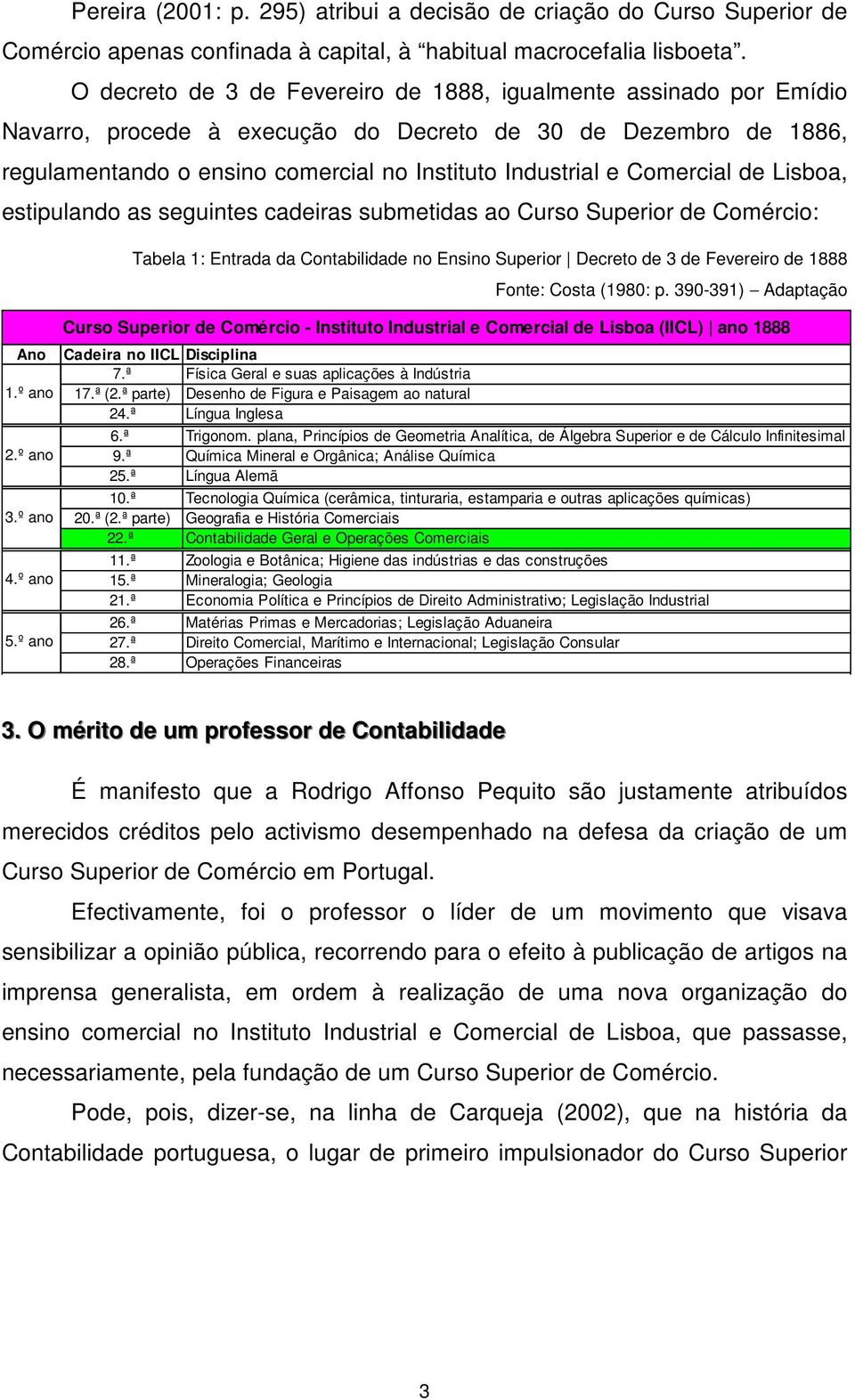 Comercial de Lisboa, estipulando as seguintes cadeiras submetidas ao Curso Superior de Comércio: Tabela 1: Entrada da Contabilidade no Ensino Superior Decreto de 3 de Fevereiro de 1888 Fonte: Costa