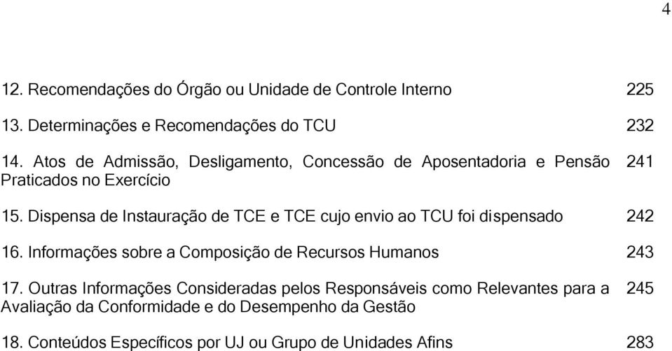 Dispensa de Instauração de TCE e TCE cujo envio ao TCU foi dispensado 242 16. Informações sobre a Composição de Recursos Humanos 243 17.