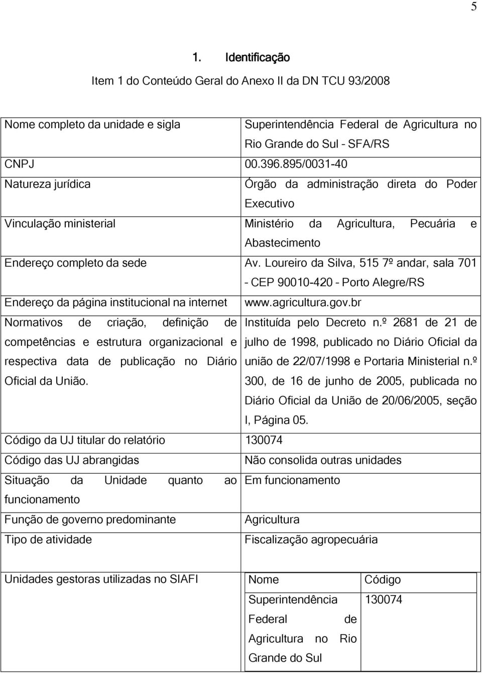 Loureiro da Silva, 515 7º andar, sala 701 CEP 90010-420 Porto Alegre/RS Endereço da página institucional na internet www.agricultura.gov.