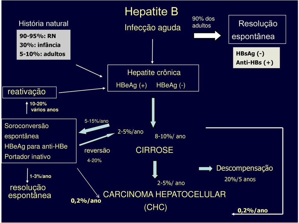 Soroconversão espontânea HBeAg para anti-hbe Portador inativo 1-3%/ano resolução espontânea 5-15%/ano