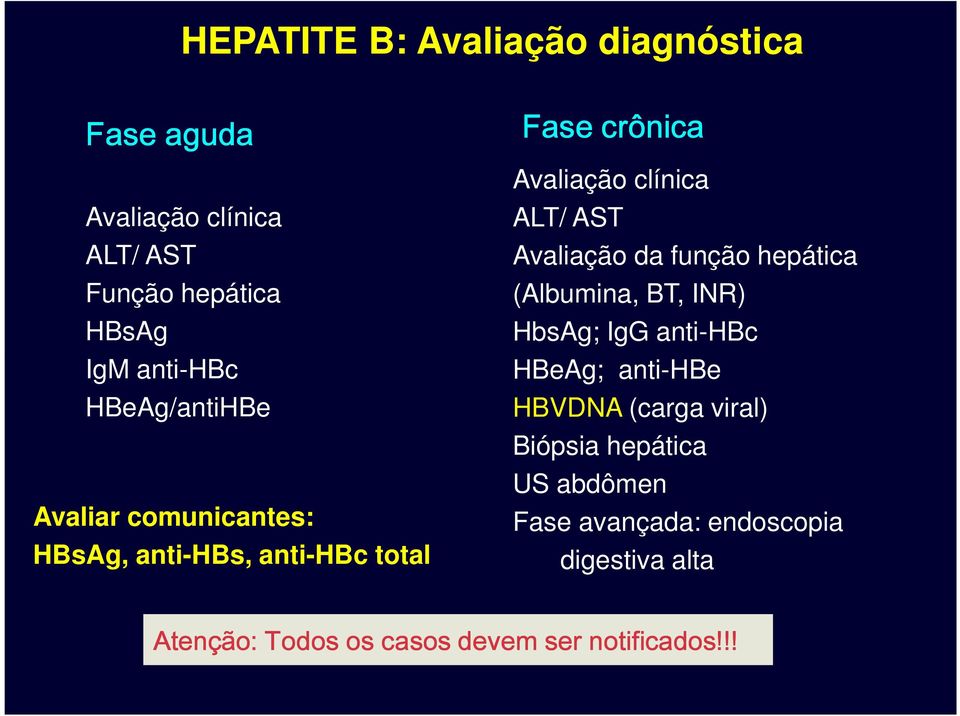 Avaliação da função hepática (Albumina, BT, INR) HbsAg; IgG anti-hbc HBeAg; anti-hbe HBVDNA (carga viral)