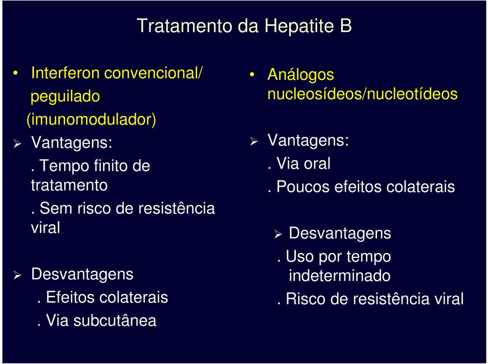 Efeitos colaterais. Via subcutânea Análogos nucleosídeos/nucleotídeos Vantagens:.