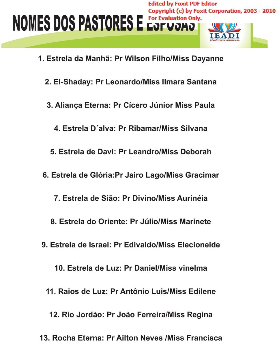 Estrela de Glória:Pr Jairo Lago/Miss Gracimar 7. Estrela de Sião: Pr Divino/Miss Aurinéia 8. Estrela do Oriente: Pr Júlio/Miss Marinete 9.