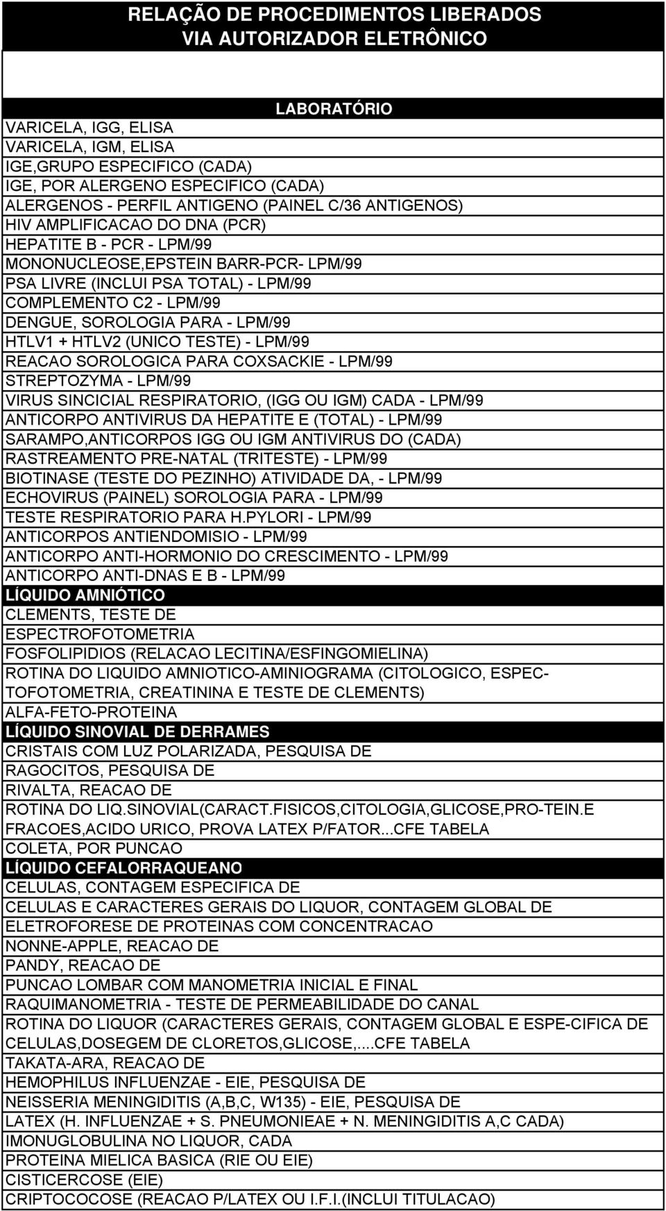SOROLOGICA PARA COXSACKIE - LPM/99 STREPTOZYMA - LPM/99 VIRUS SINCICIAL RESPIRATORIO, (IGG OU IGM) CADA - LPM/99 ANTICORPO ANTIVIRUS DA HEPATITE E (TOTAL) - LPM/99 SARAMPO,ANTICORPOS IGG OU IGM
