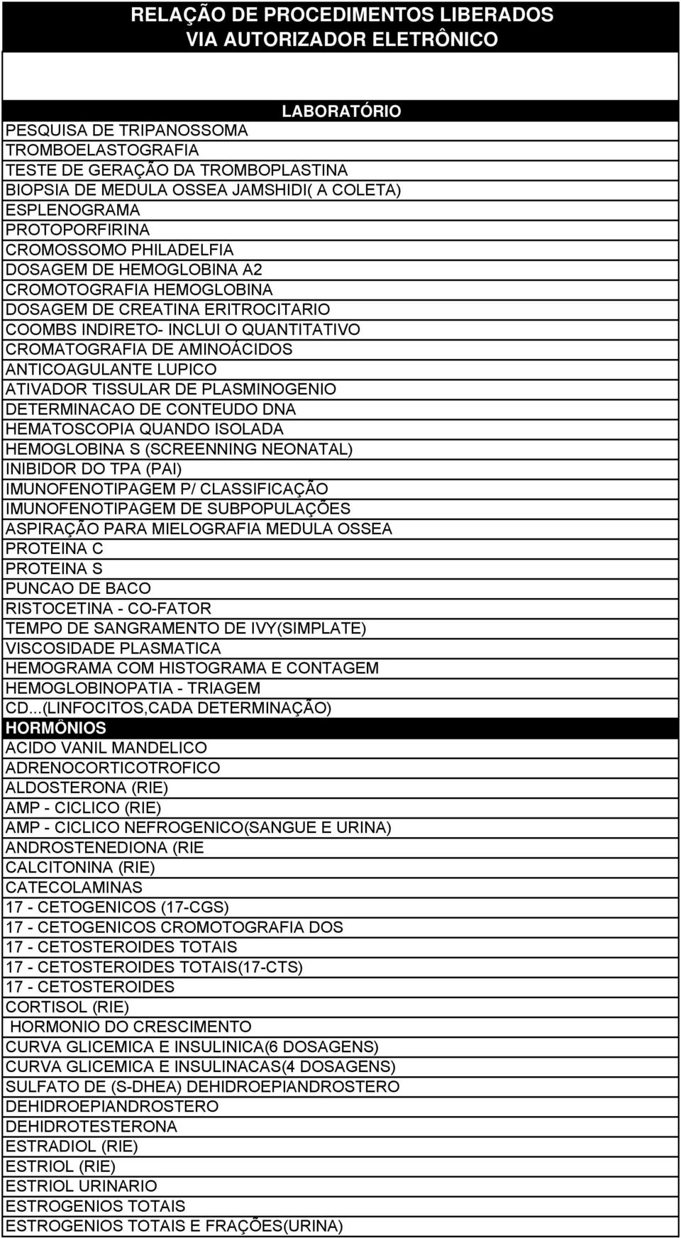 DE CONTEUDO DNA HEMATOSCOPIA QUANDO ISOLADA HEMOGLOBINA S (SCREENNING NEONATAL) INIBIDOR DO TPA (PAI) IMUNOFENOTIPAGEM P/ CLASSIFICAÇÃO IMUNOFENOTIPAGEM DE SUBPOPULAÇÕES ASPIRAÇÃO PARA MIELOGRAFIA