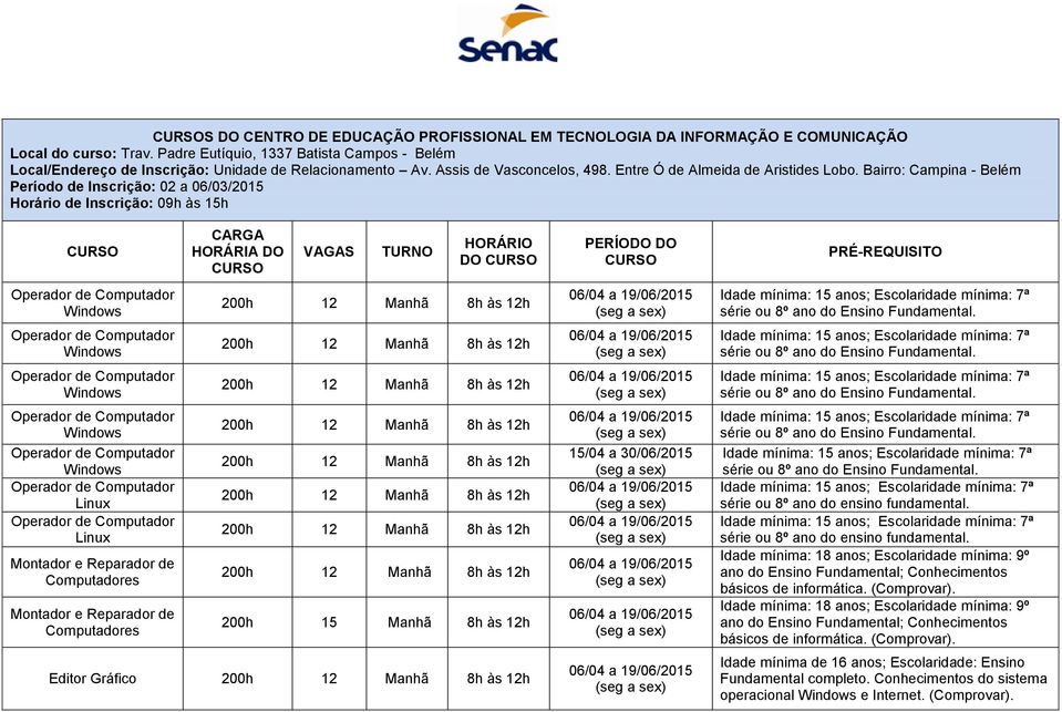 Bairro: Campina - Belém Período de Inscrição: 02 a 06/03/2015 Horário de Inscrição: 09h às 15h CARGA HORÁRIA DO VAGAS TURNO HORÁRIO DO PERÍODO DO PRÉ-REQUISITO Linux Linux 200h