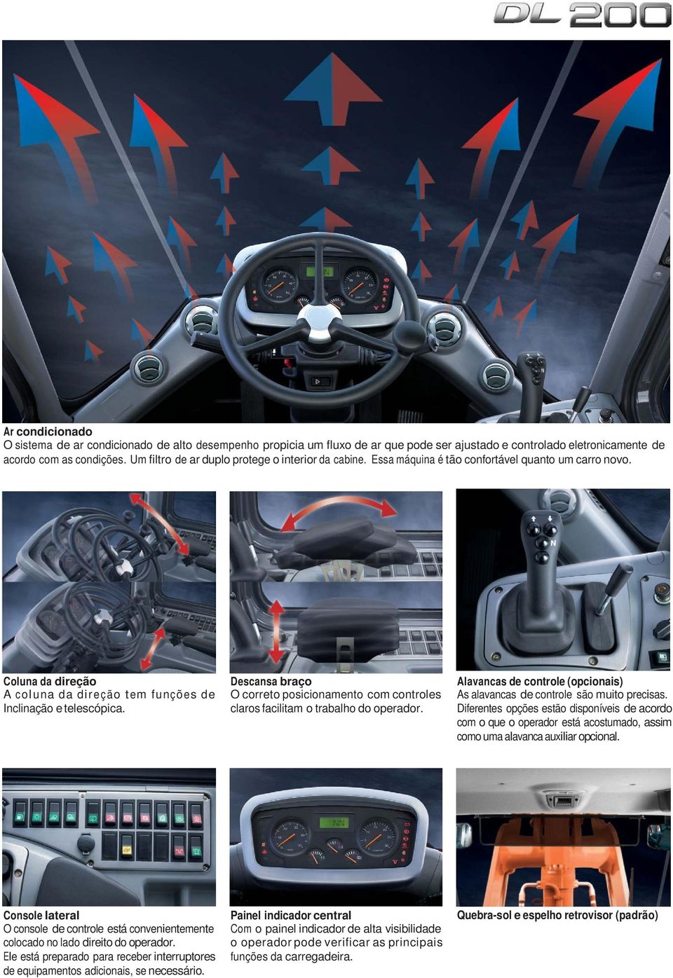 Coluna da direção A c o l u n a d a d i r e ç ã o t e m f u n ç õ e s d e Inclinação e telescópica. Descansa braço O correto posicionamento com controles claros facilitam o trabalho do operador.