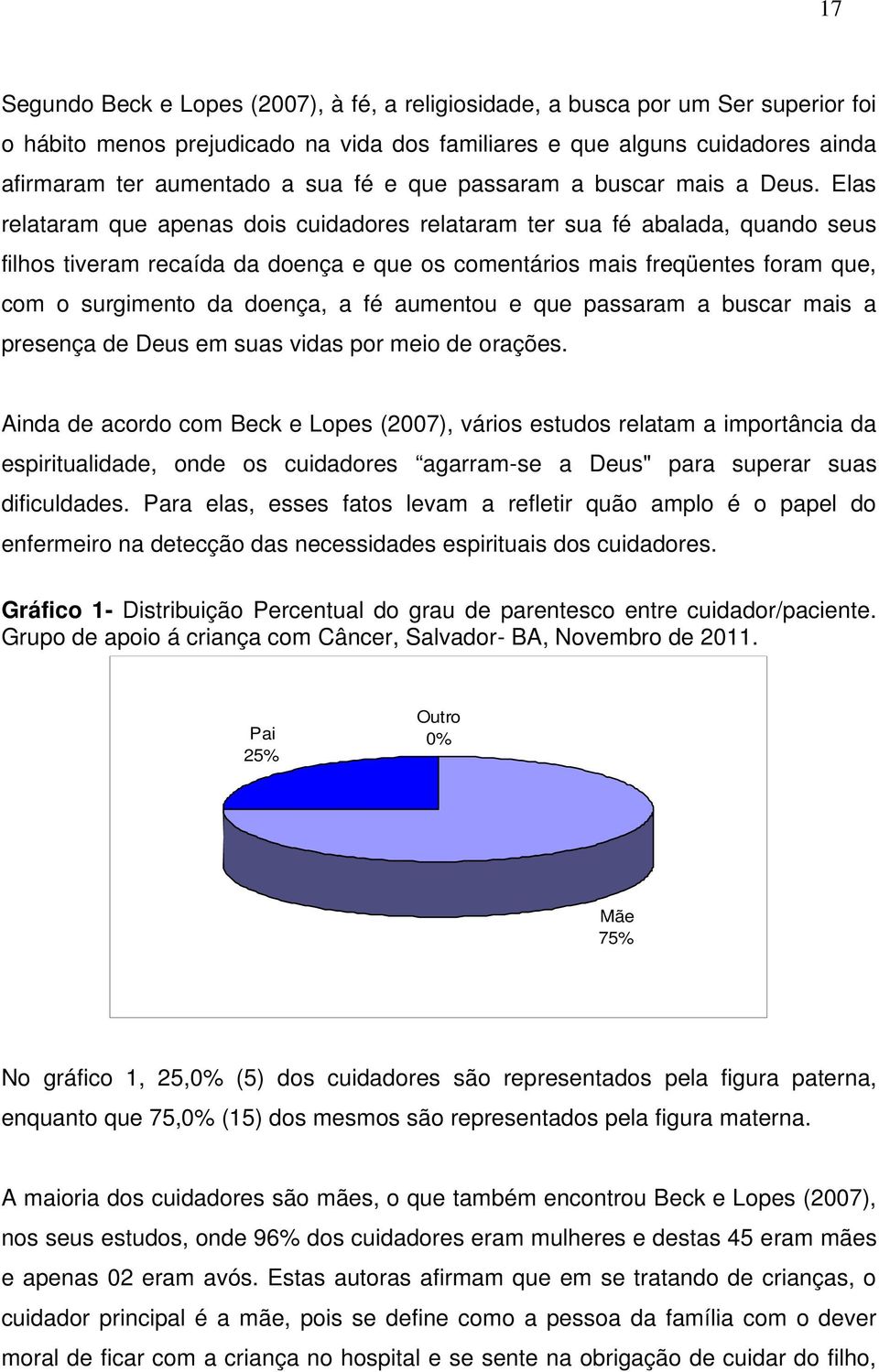 Elas relataram que apenas dois cuidadores relataram ter sua fé abalada, quando seus filhos tiveram recaída da doença e que os comentários mais freqüentes foram que, com o surgimento da doença, a fé