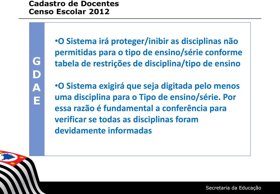 exigirá que seja digitada pelo menos uma disciplina para o Tipo de ensino/série.