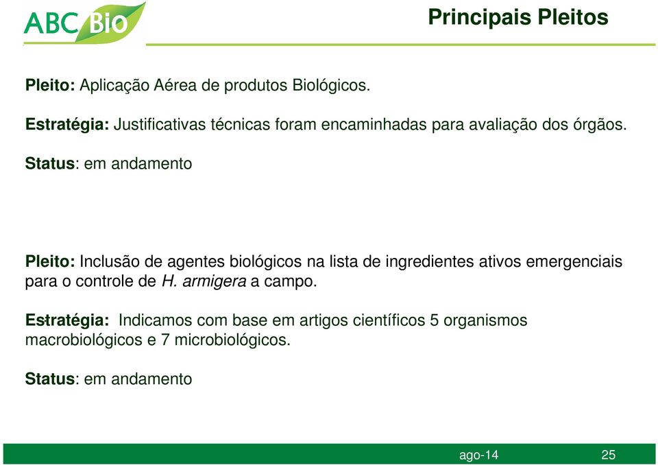Status: em andamento Pleito: Inclusão de agentes biológicos na lista de ingredientes ativos emergenciais