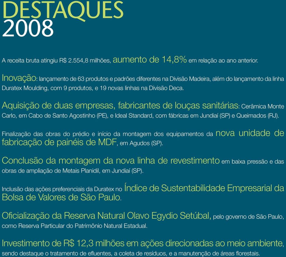 Aquisição de duas empresas, fabricantes de louças sanitárias: Cerâmica Monte Carlo, em Cabo de Santo Agostinho (PE), e Ideal Standard, com fábricas em Jundiaí (SP) e Queimados (RJ).