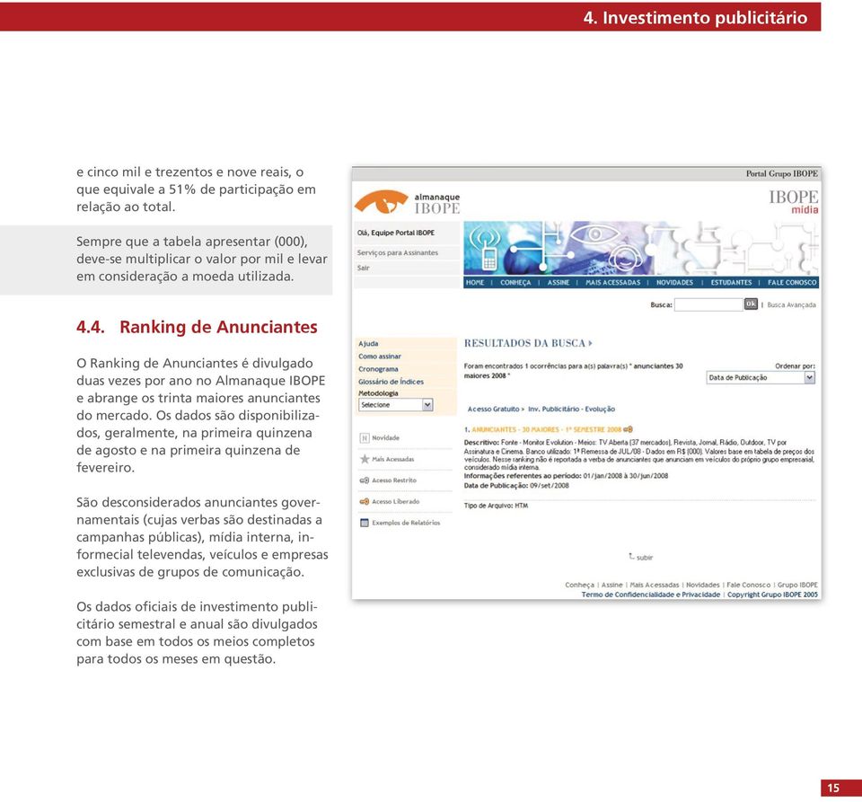 4. Ranking de Anunciantes O Ranking de Anunciantes é divulgado duas vezes por ano no Almanaque IBOPE e abrange os trinta maiores anunciantes do mercado.