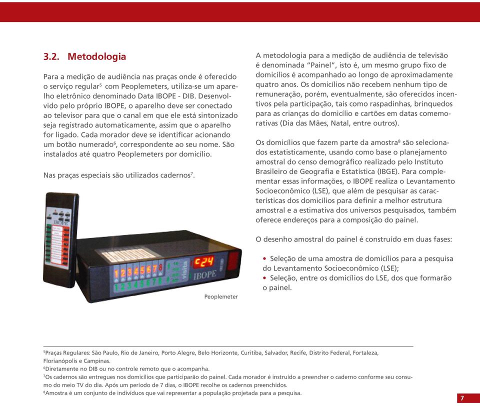 Cada morador deve se identificar acionando um botão numerado 6, correspondente ao seu nome. São instalados até quatro Peoplemeters por domicílio. Nas praças especiais são utilizados cadernos 7.