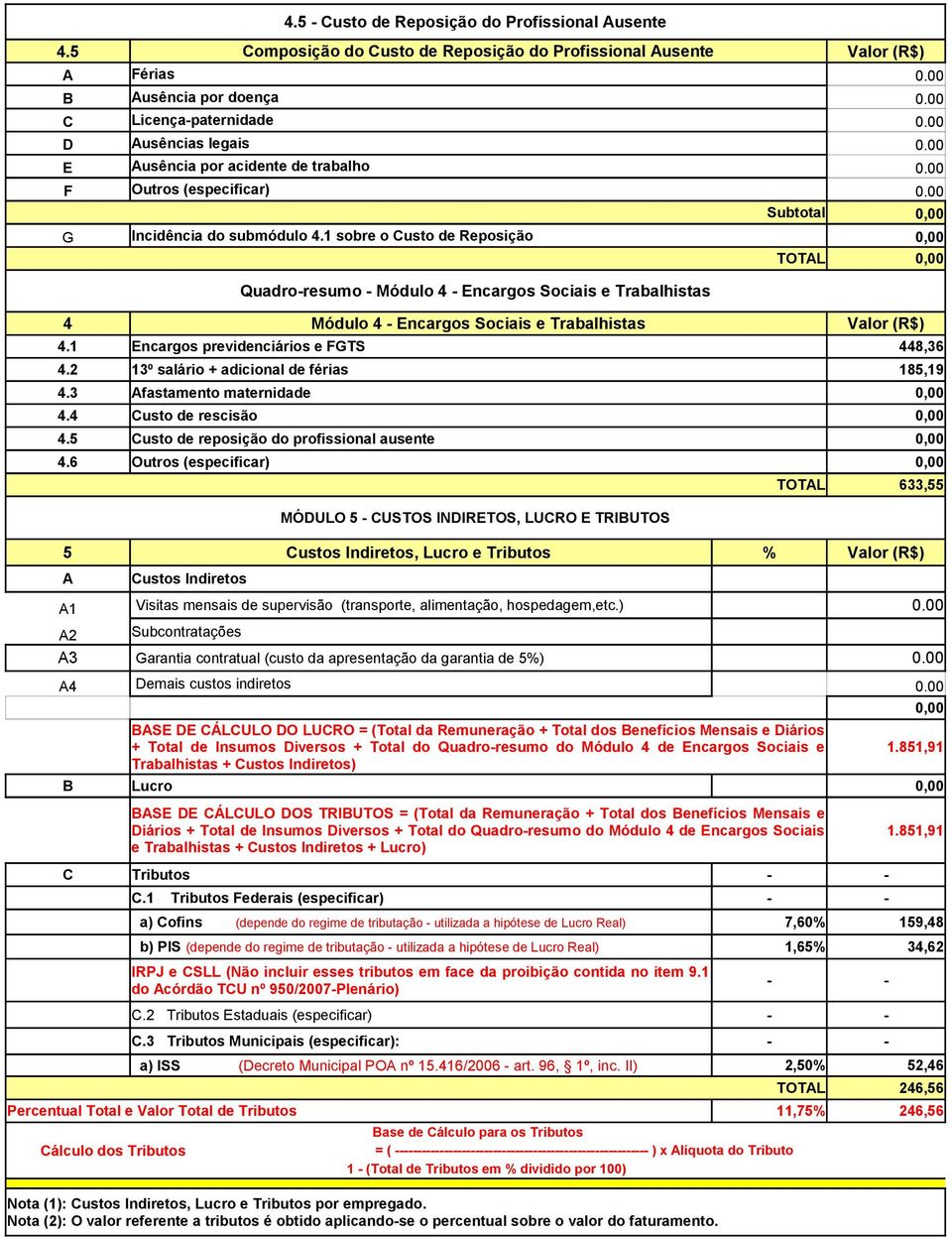 (especificar) Subtotal G Incidência do submódulo 4.