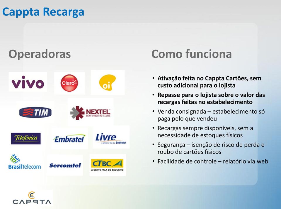 estabelecimento só paga pelo que vendeu Recargas sempre disponíveis, sem a necessidade de estoques