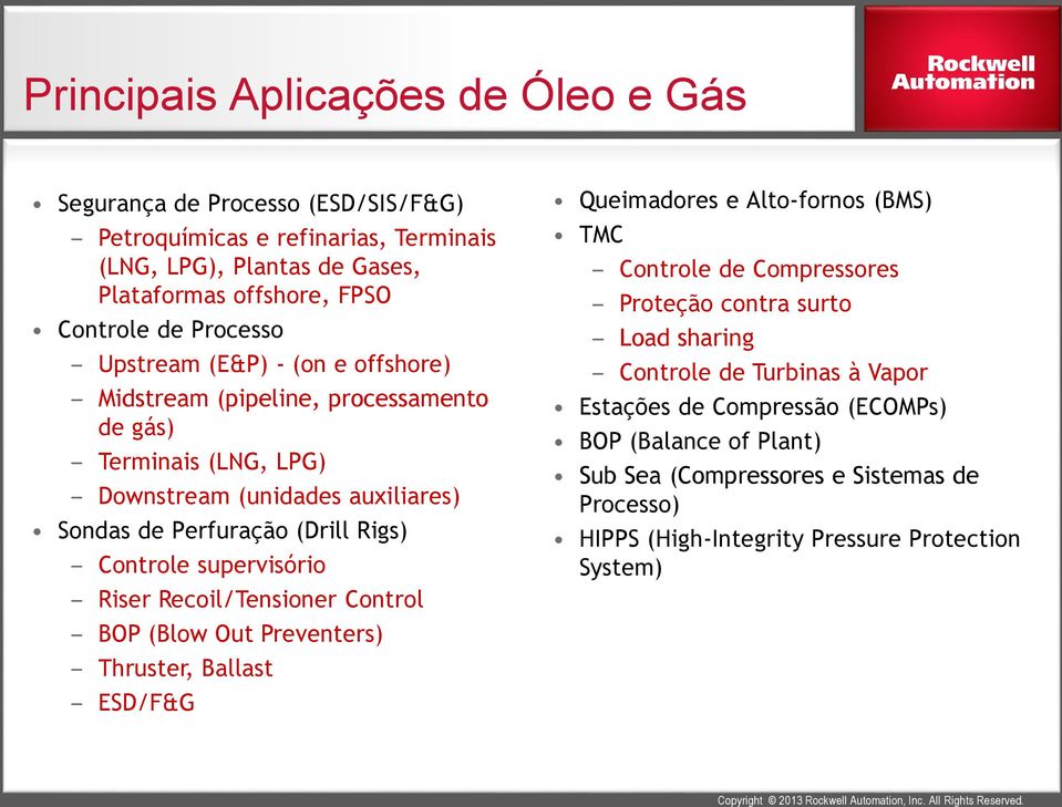 supervisório Riser Recoil/Tensioner Control BOP (Blow Out Preventers) Thruster, Ballast ESD/F&G Queimadores e Alto-fornos (BMS) TMC Controle de Compressores Proteção contra surto