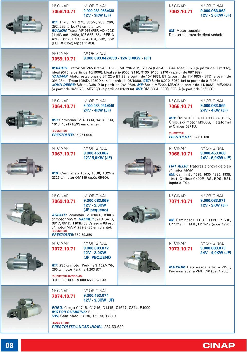 062 12V - 3,0KW (JF) MB: Motor especial. Dresser (a prova de óleo) vedado. 9.000.083.042/059-12V 3,0KW - (JF) MAXION: Trator MF 265 (Per-AD 4.203, MF 296 e MF 296/4 (Per-A 6.354).